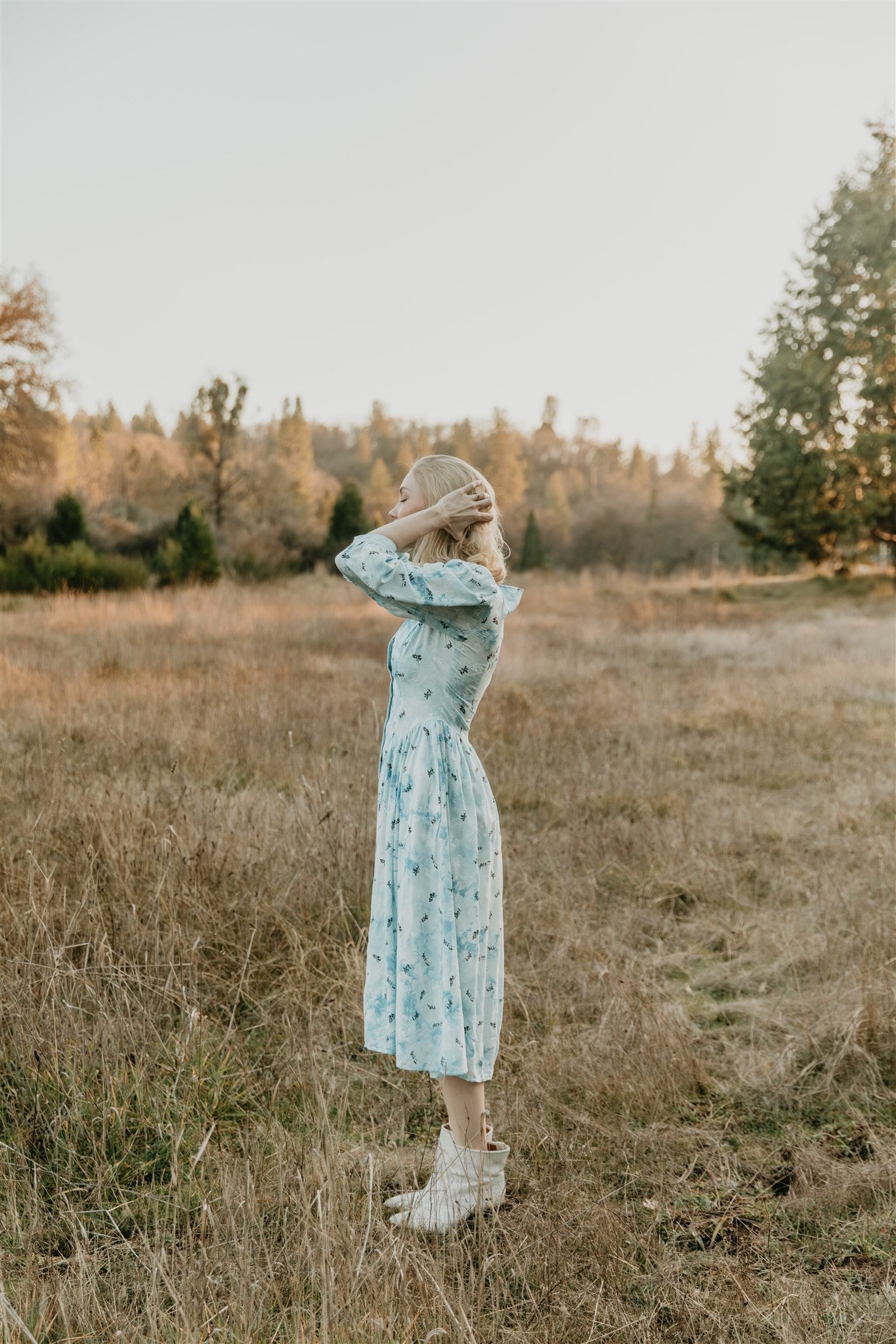Prairie Dress in Blue Cloud Rose Challis