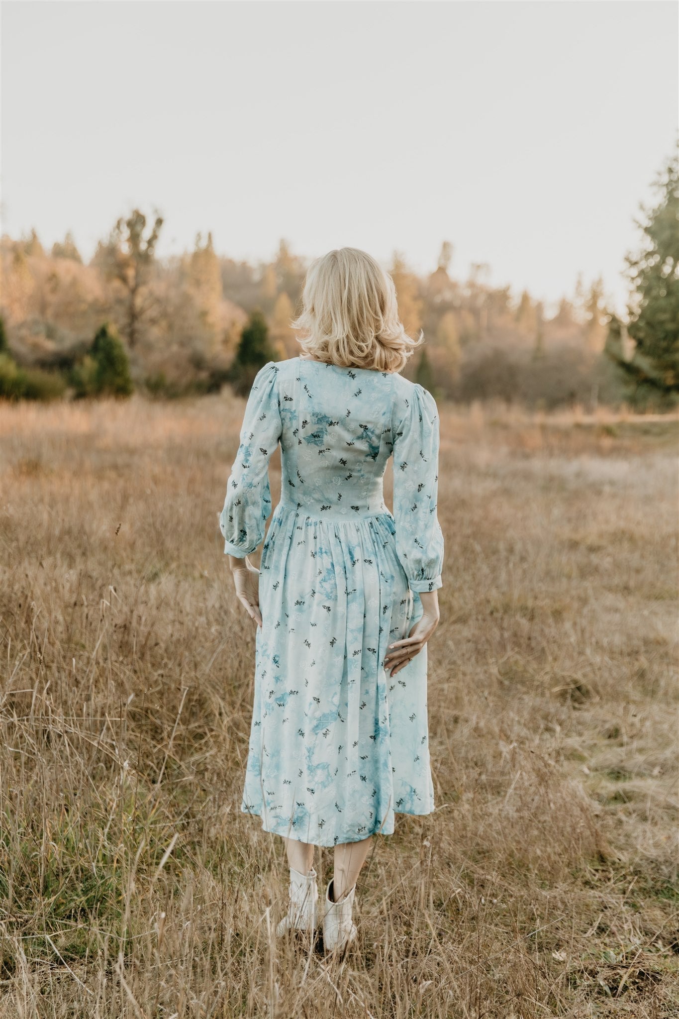 Prairie Dress in Blue Cloud Rose Challis