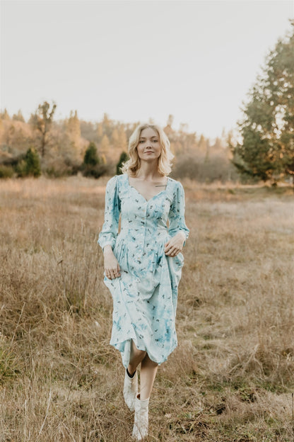 Prairie Dress in Blue Cloud Rose Challis