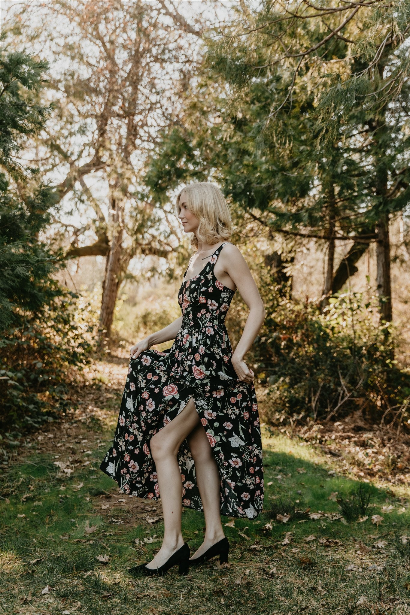 Long Agnes dress in Dark Floral Challis