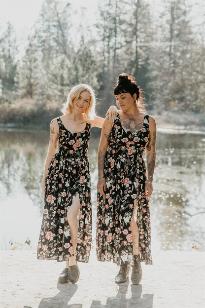 Long Agnes dress in Dark Floral Challis