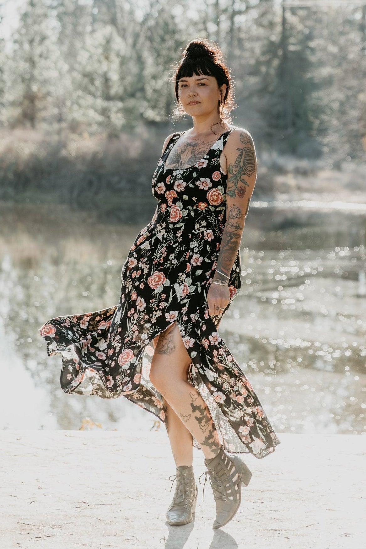 Long Agnes dress in Dark Floral Challis