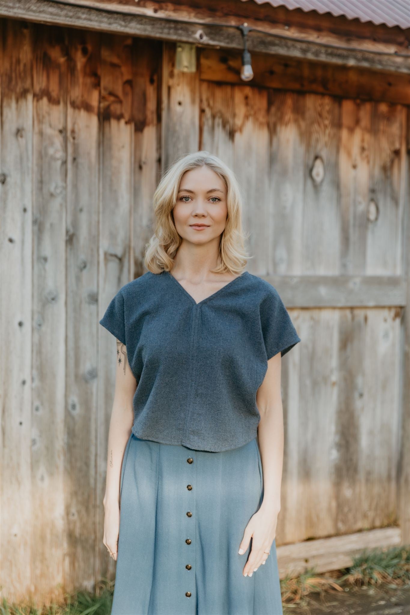 Dolman Top in Blue Cotton Woven Waffle