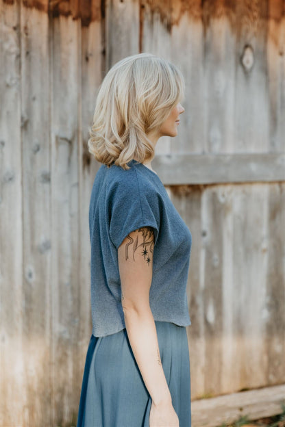 Dolman Top in Blue Cotton Woven Waffle