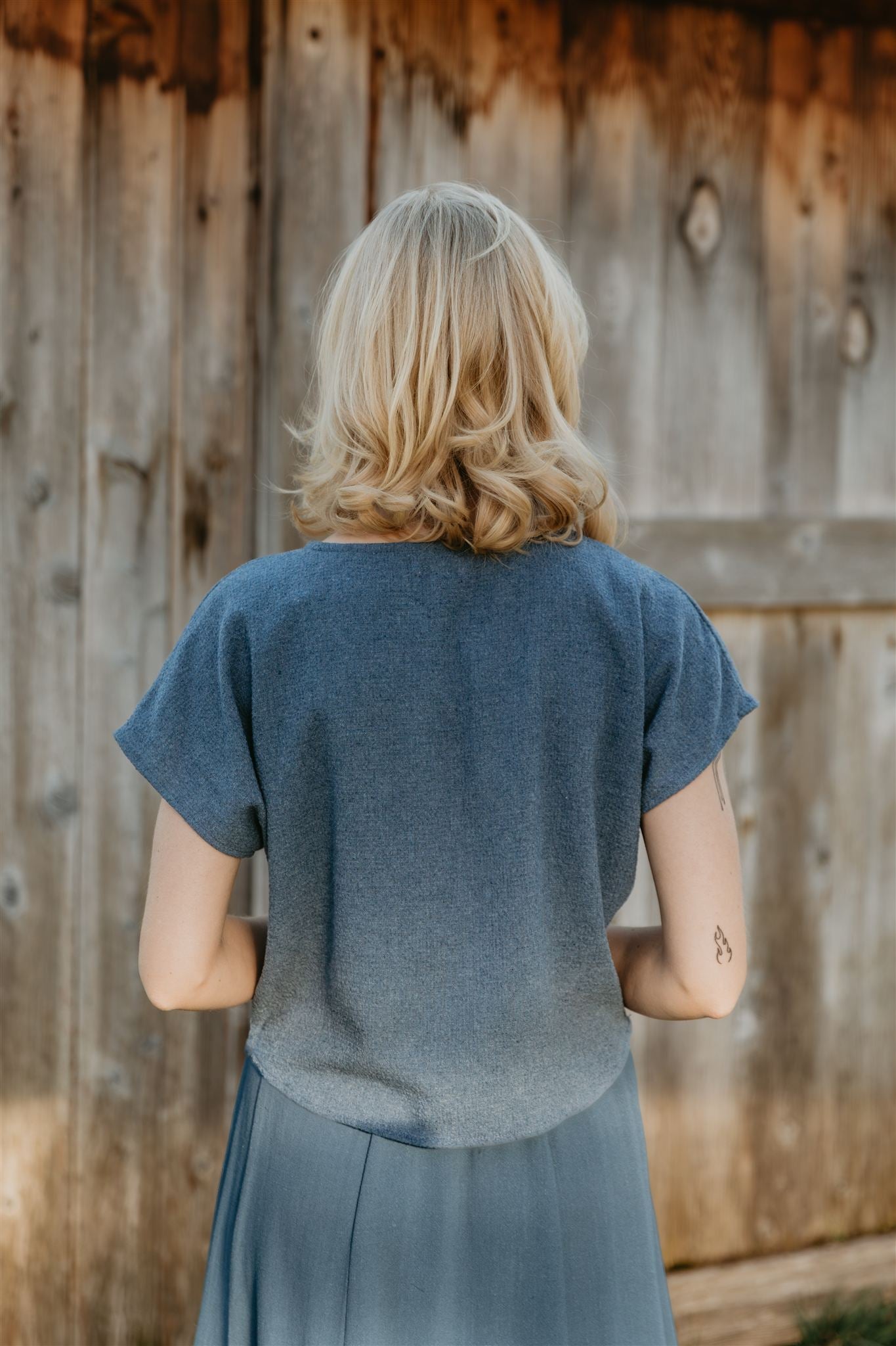 Dolman Top in Blue Cotton Woven Waffle