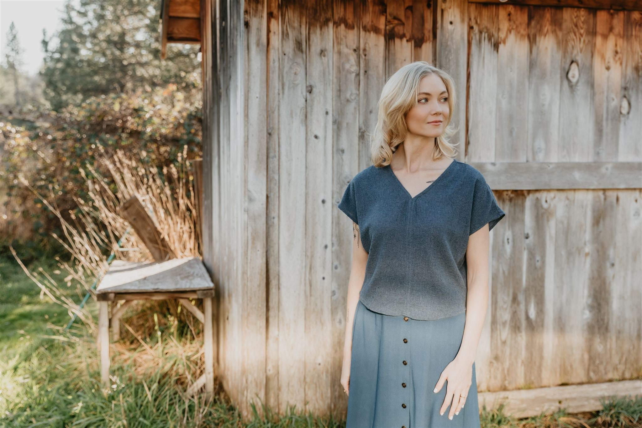 Dolman Top in Blue Cotton Woven Waffle