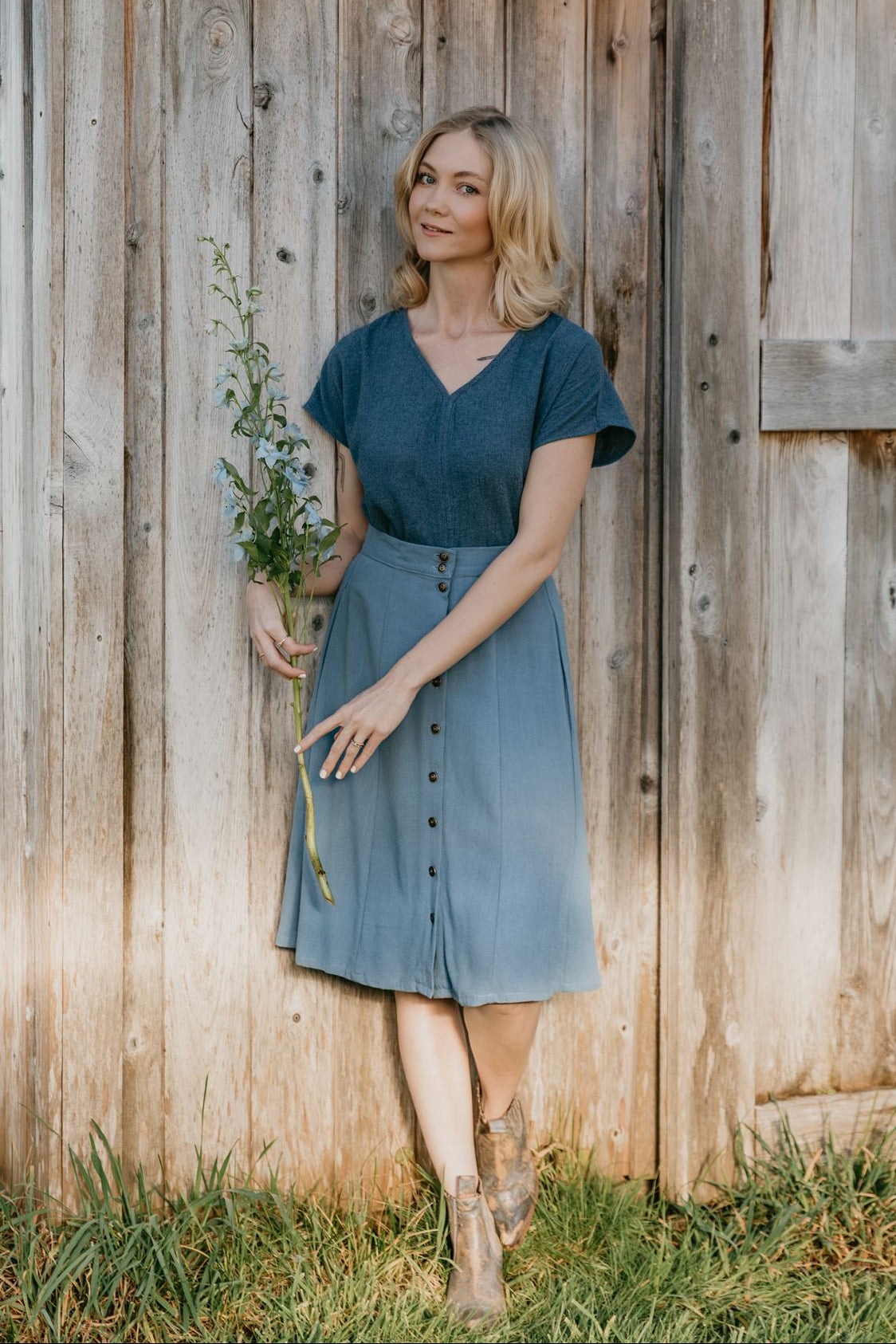 Dolman Top in Blue Cotton Woven Waffle