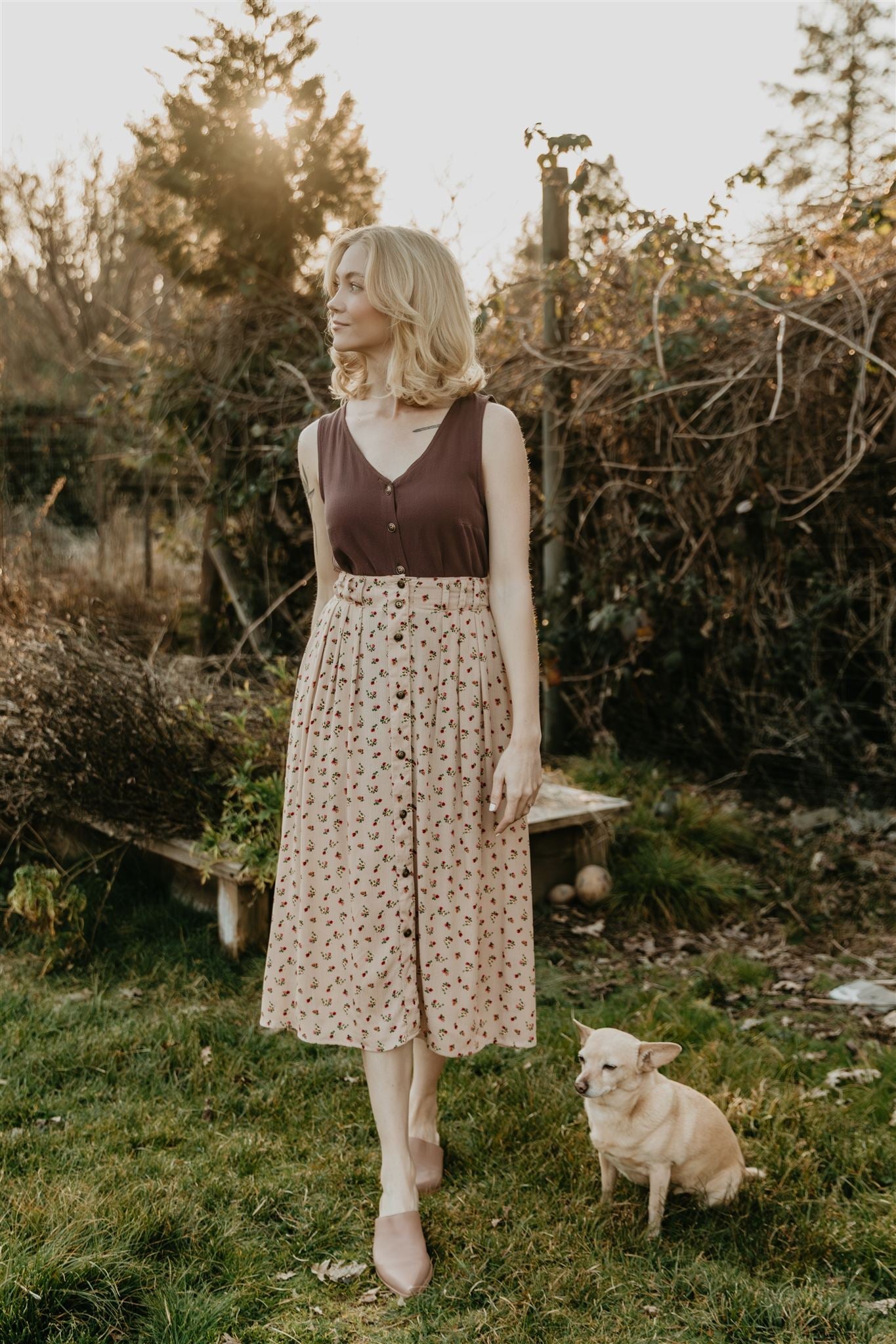 Trices Skirt in Sand Floral Crepe