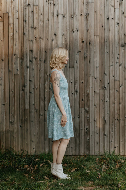 Agnes dress in Blue Calico Crepe