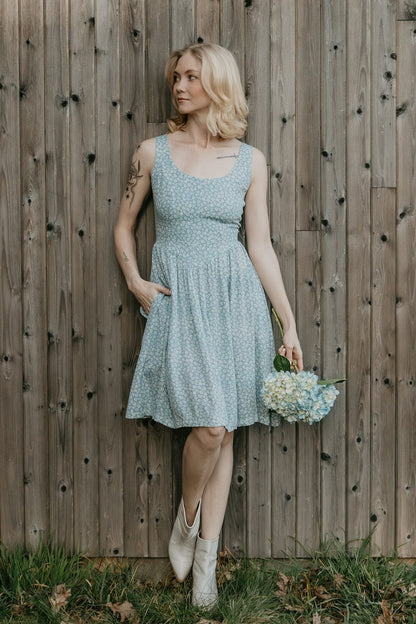 Agnes dress in Blue Calico Crepe