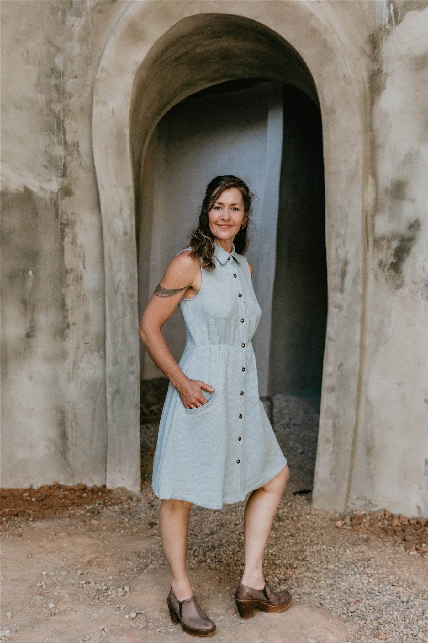 Mona Dress in BB Blue Texture Cotton