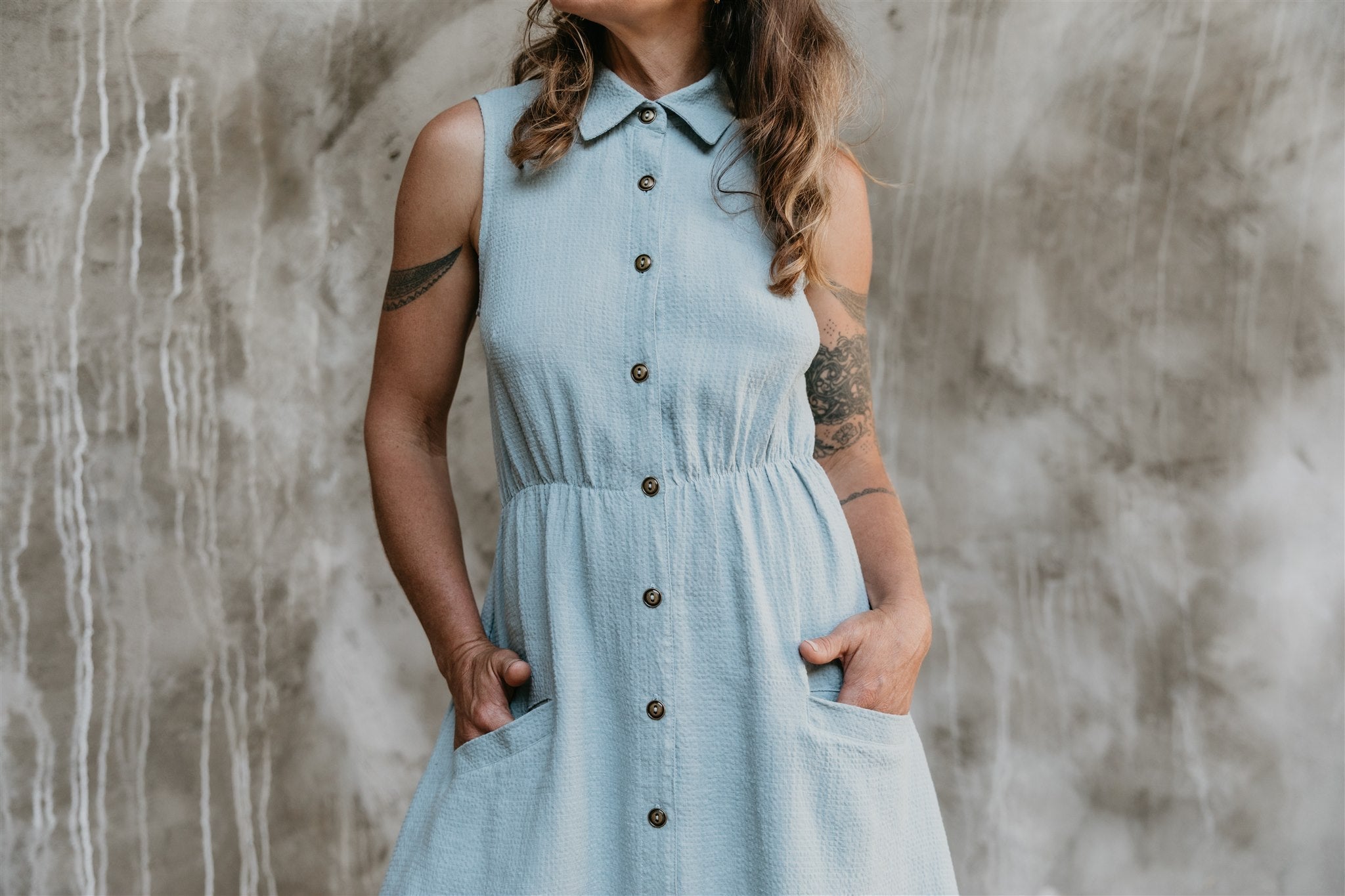 Mona Dress in BB Blue Texture Cotton