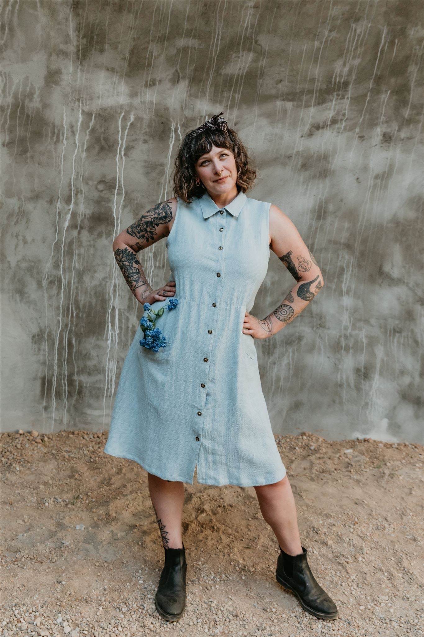 Mona Dress in BB Blue Texture Cotton