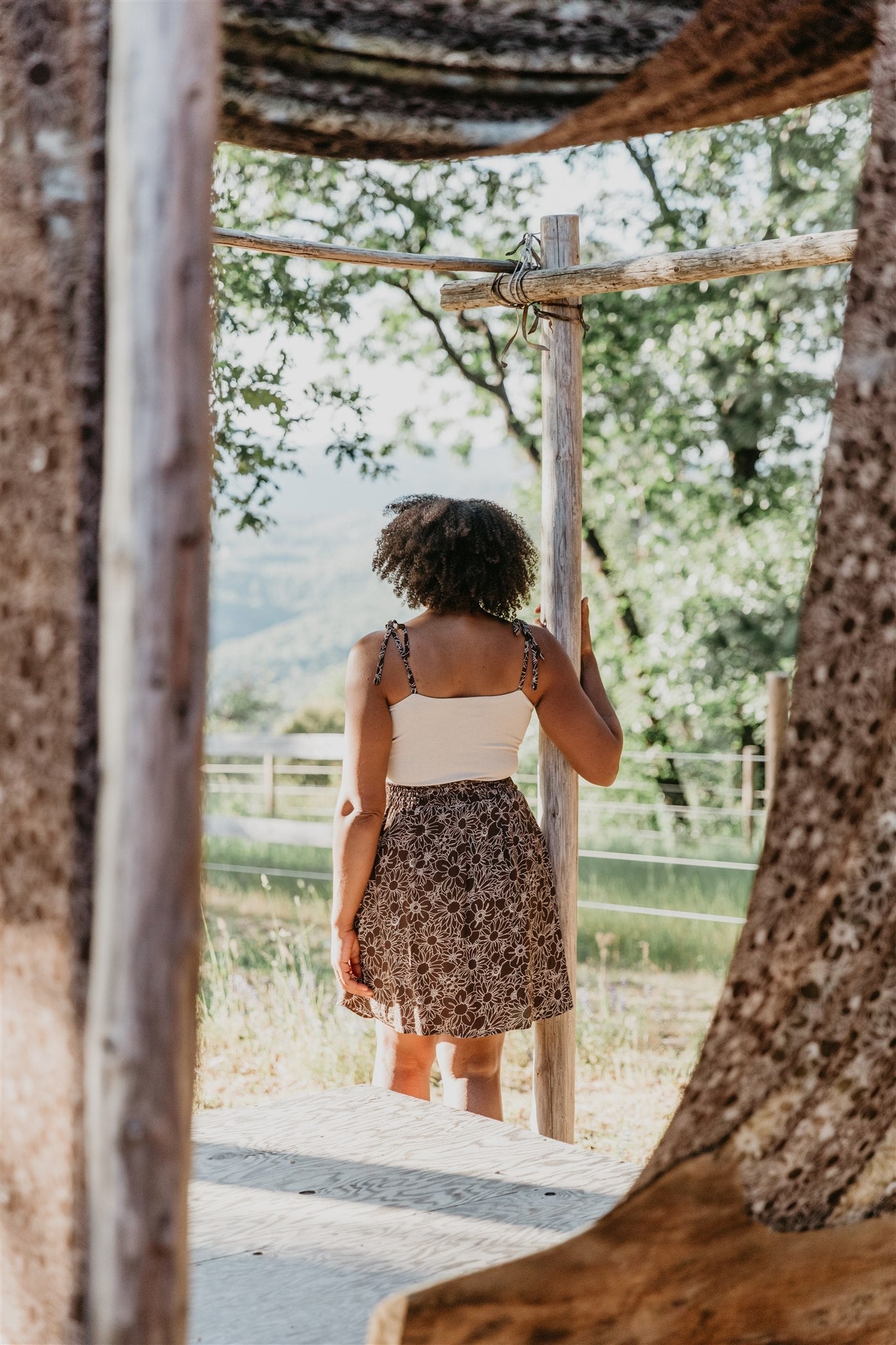 Minnie Top in Oat Modal with Brown Floral Straps