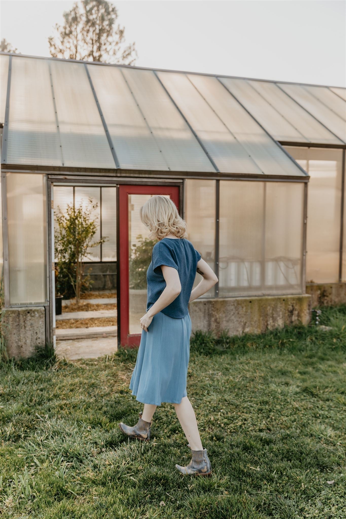 Dolman Top in Blue Cotton Woven Waffle