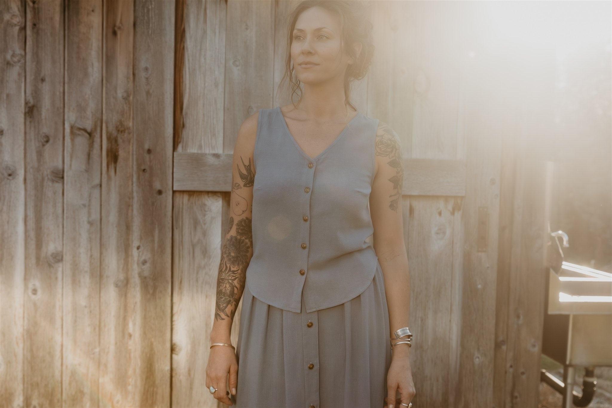 Aviva Top in Textured Blue Irish Linen