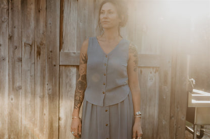 Aviva Top in Textured Blue Irish Linen