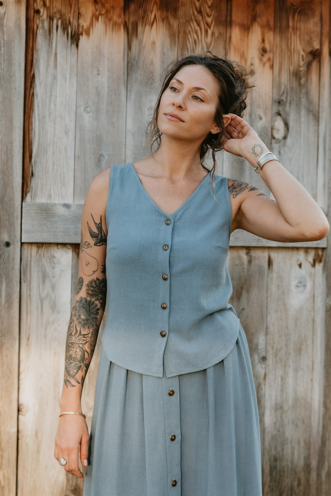 Aviva Top in Textured Blue Irish Linen