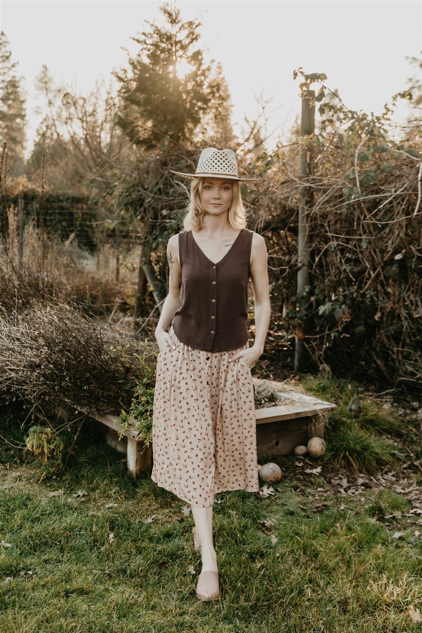 Trices Skirt in Sand Floral Crepe