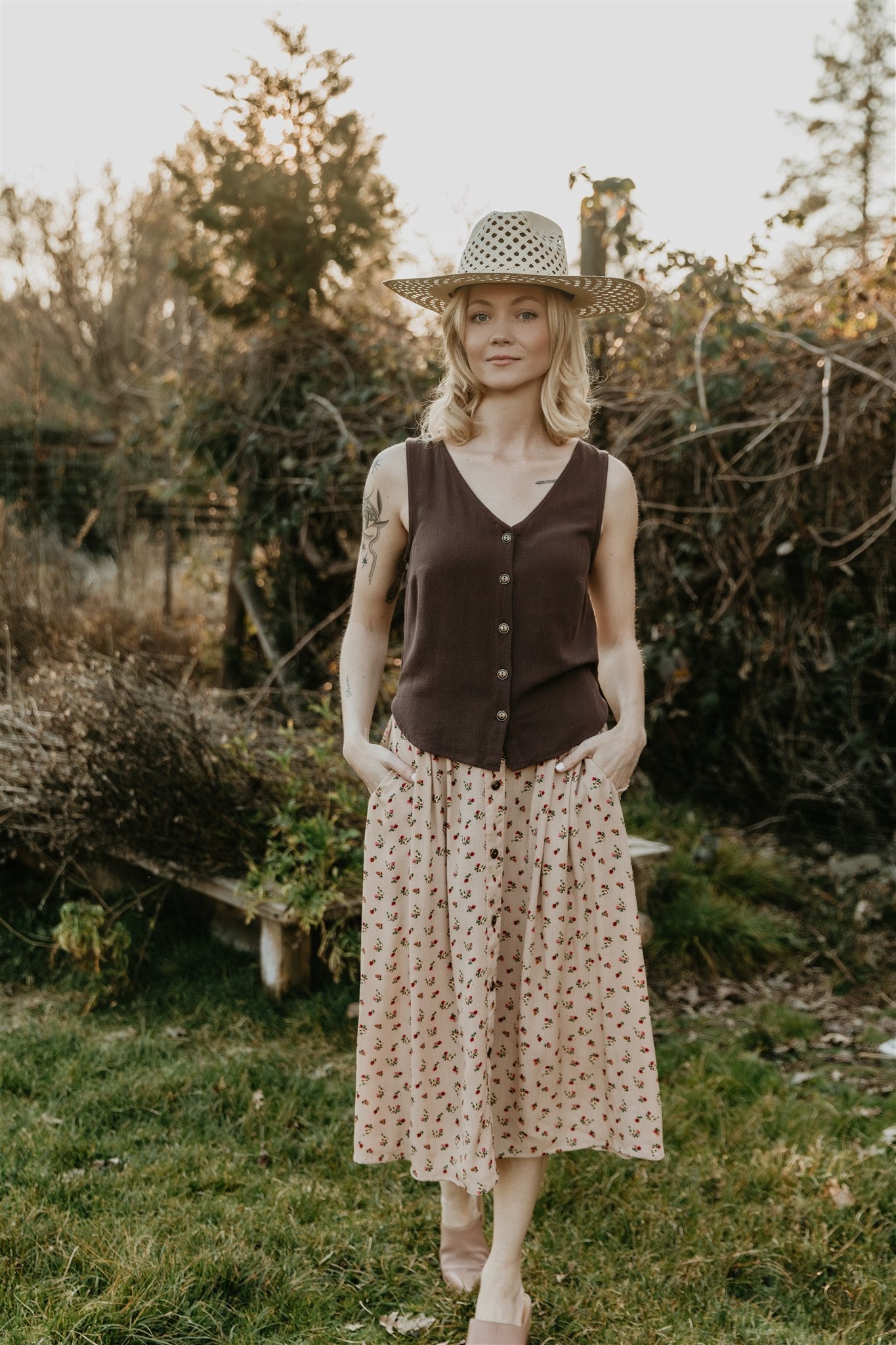 Trices Skirt in Sand Floral Crepe