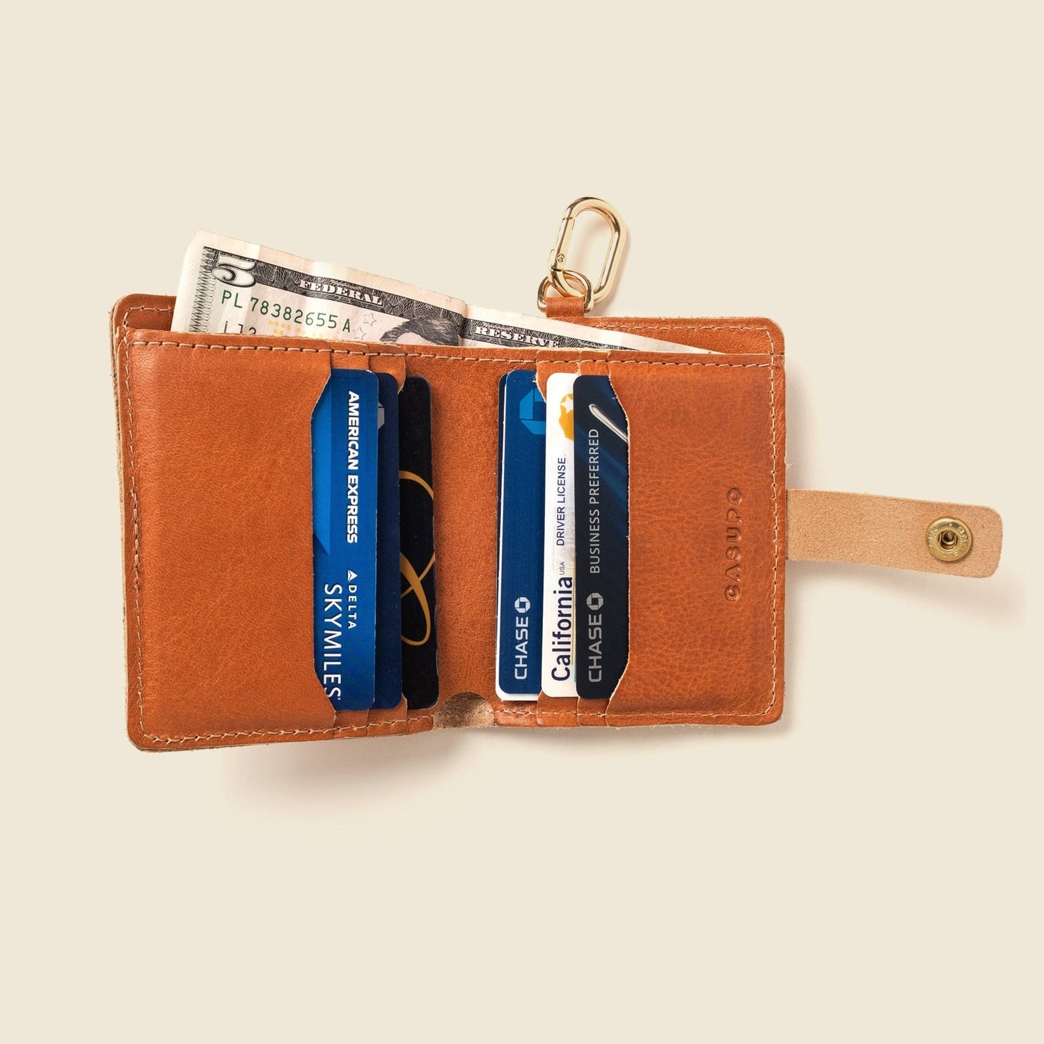 CASUPO Small Bifold Wallet with Snap and Key Ring - Natural
