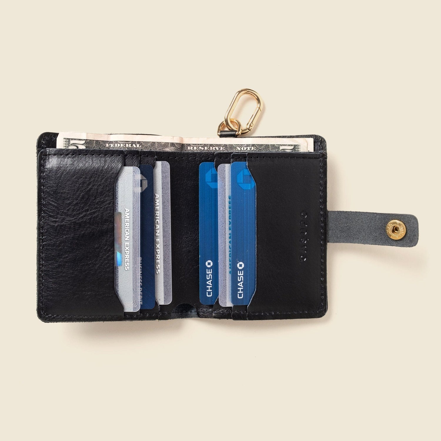 CASUPO Small Bifold Wallet with Snap and Key Ring - Black