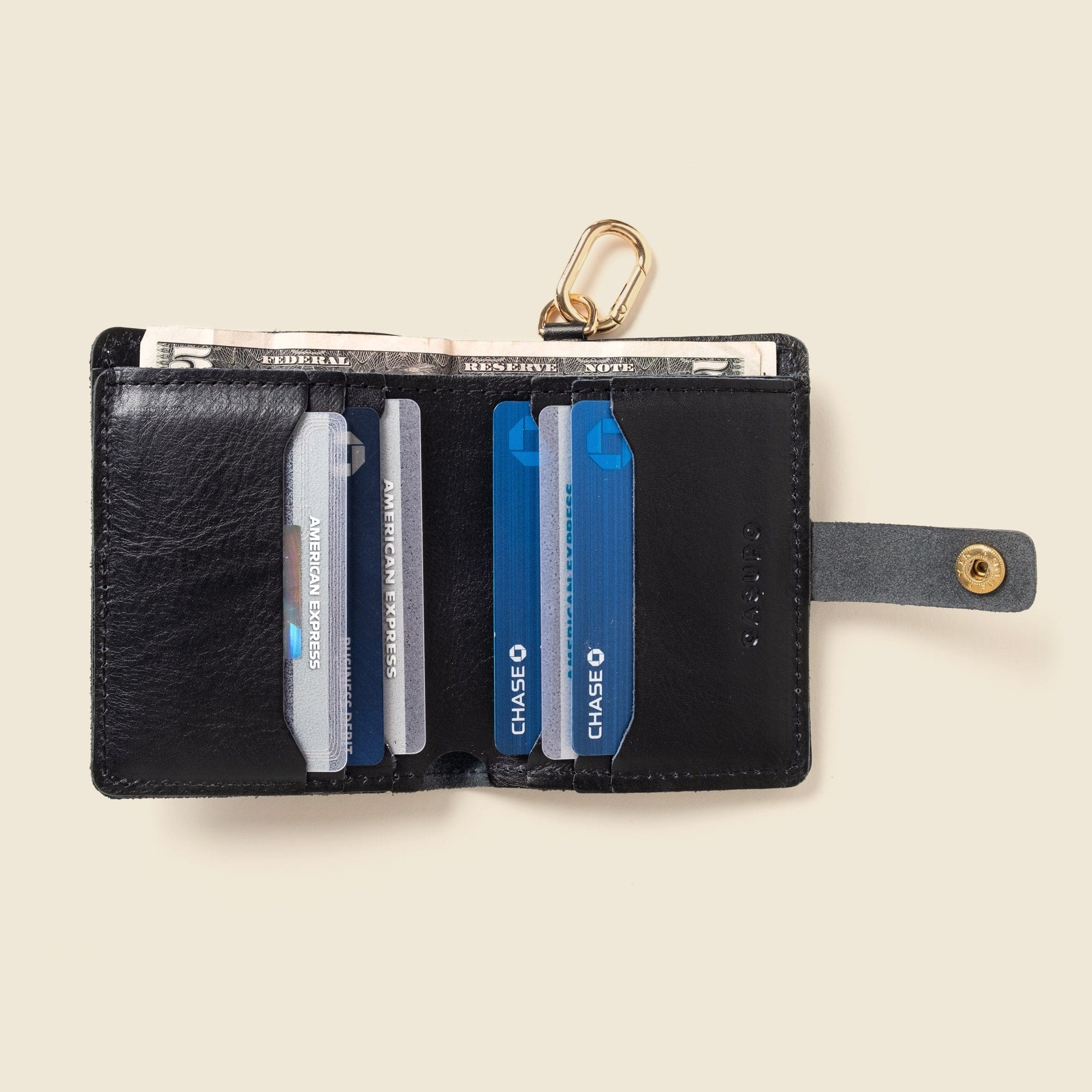 CASUPO Small Bifold Wallet with Snap and Key Ring - Black