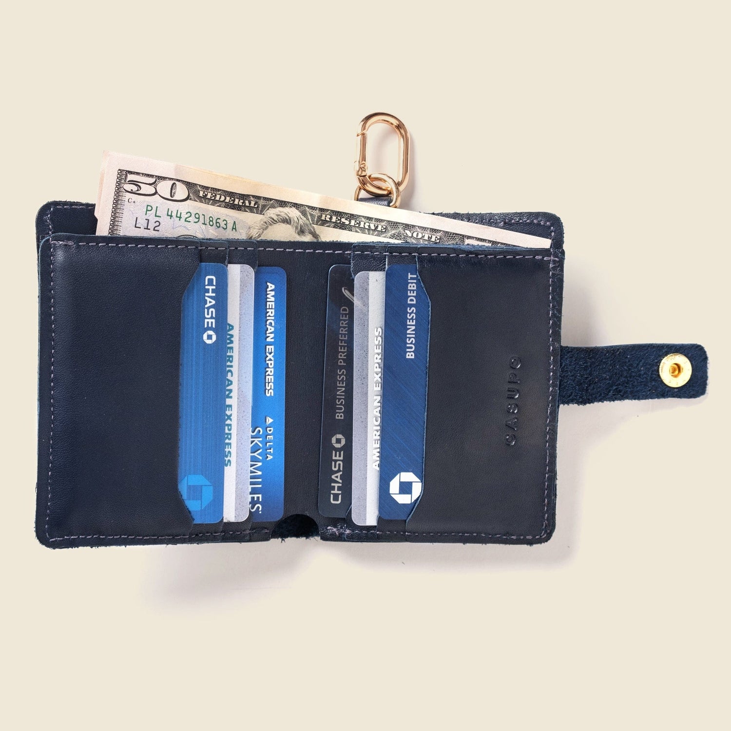 CASUPO Small Bifold Wallet with Snap and Key Ring - Navy
