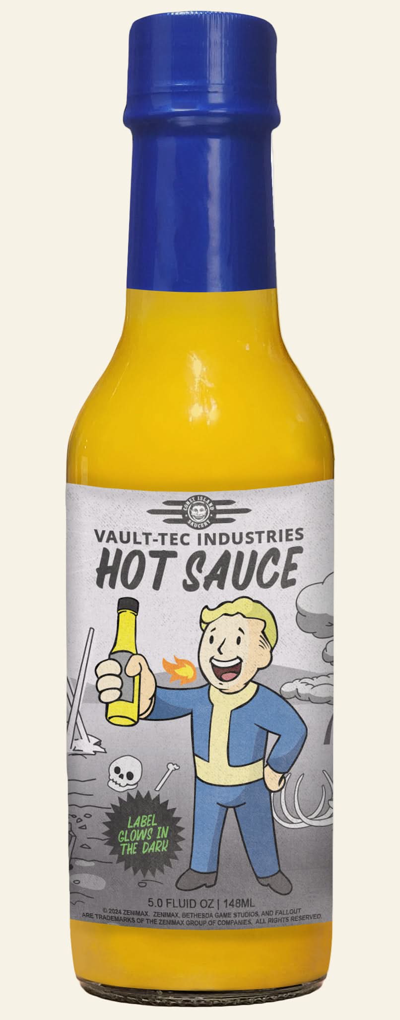 Hot sauce bottle with Vault-Tec Industries branding on a white background