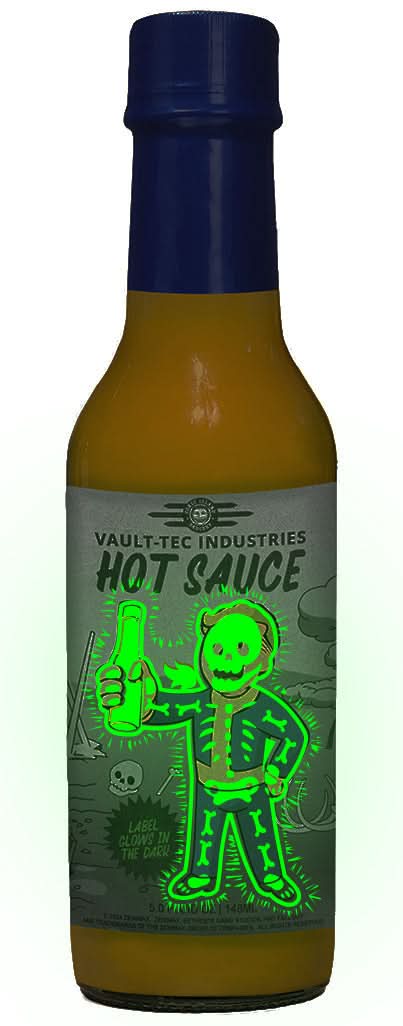 Hot sauce bottle with Vault-Tec Industries branding on a white background