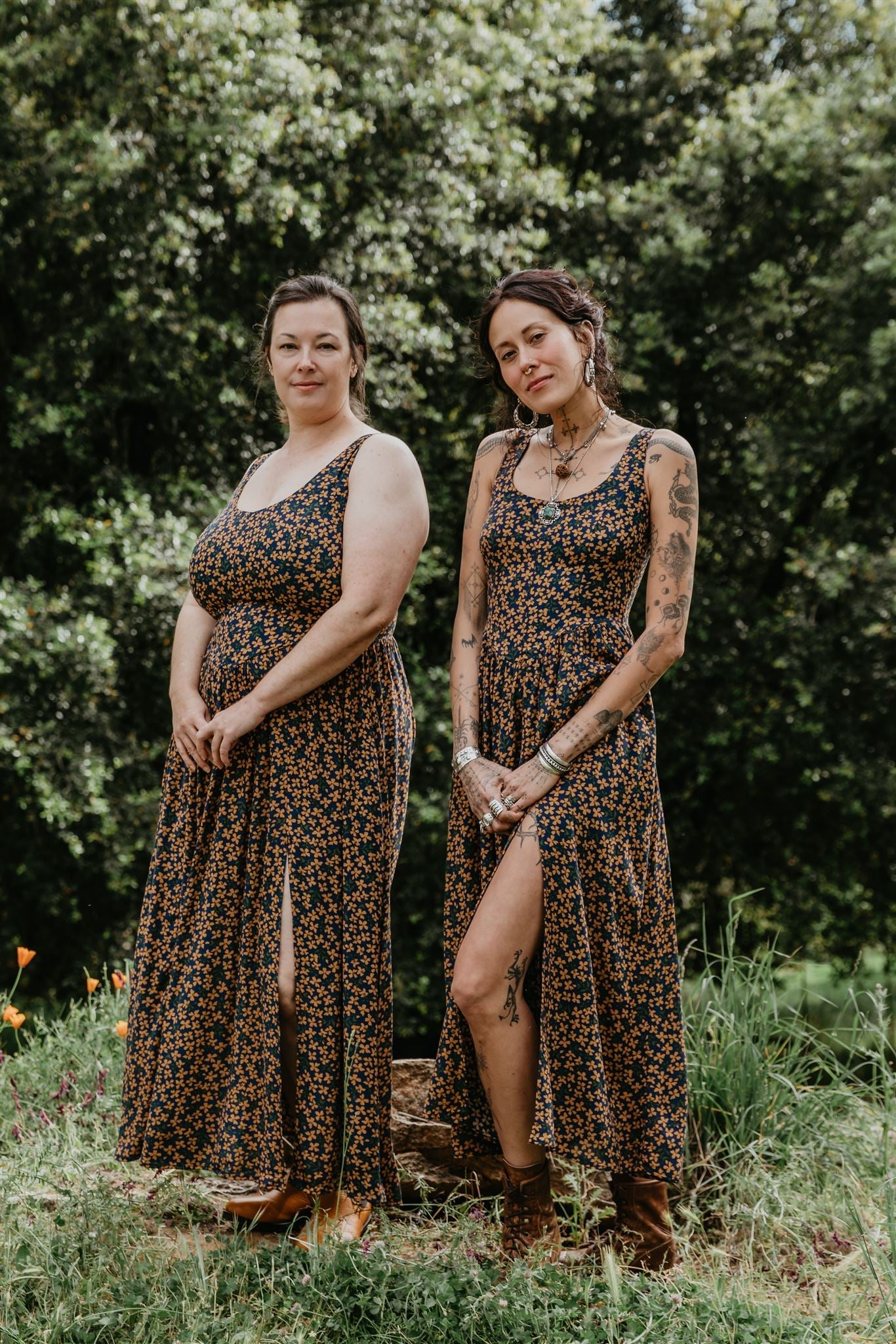 Long Agnes Dress in Blue &amp; Brown Floral Crepe