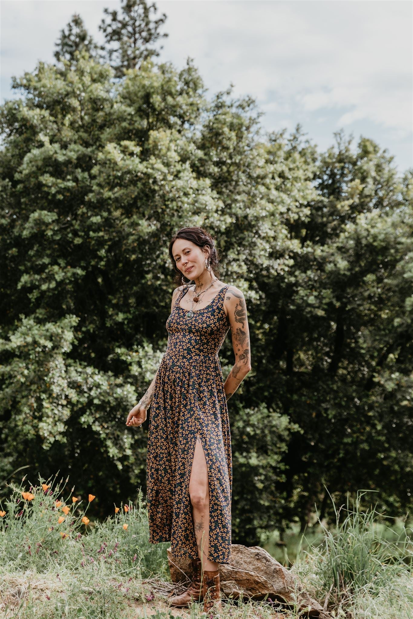 Long Agnes Dress in Blue &amp; Brown Floral Crepe