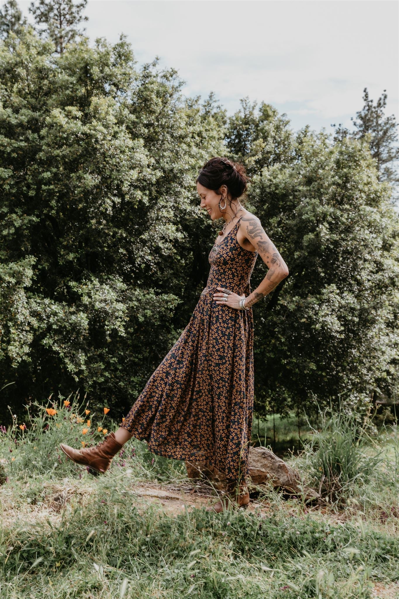 Long Agnes Dress in Blue &amp; Brown Floral Crepe