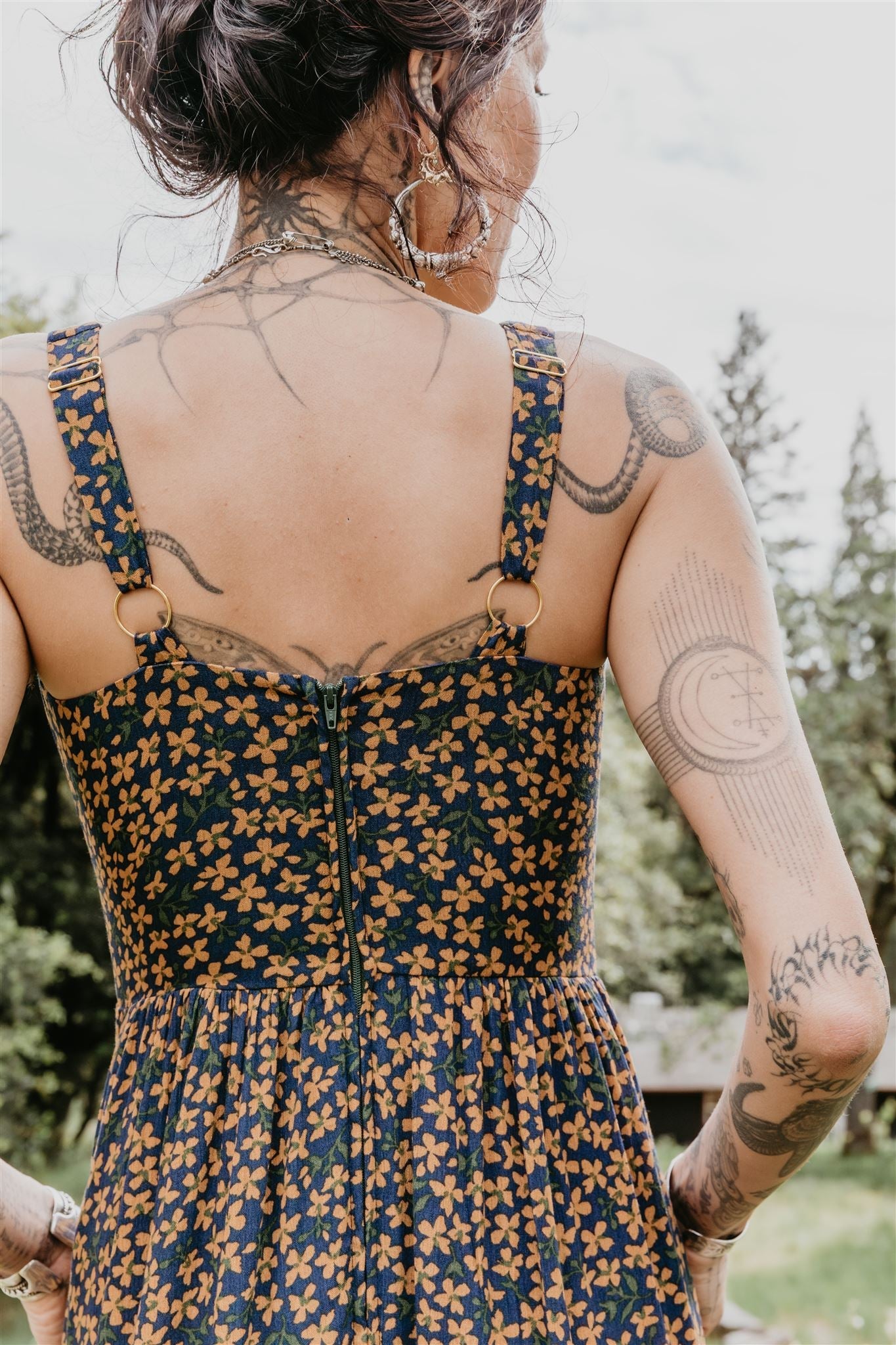Long Agnes Dress in Blue &amp; Brown Floral Crepe