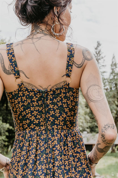 Long Agnes Dress in Blue &amp; Brown Floral Crepe