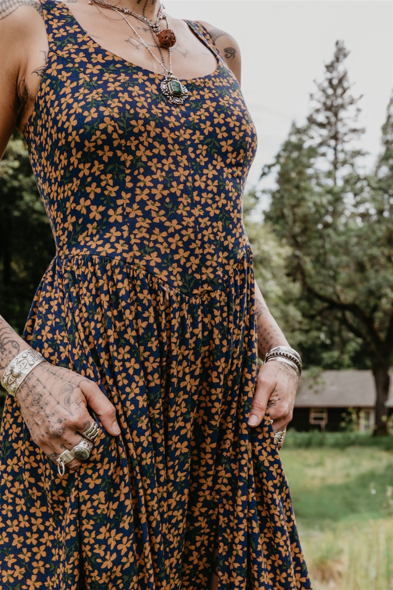 Long Agnes Dress in Blue &amp; Brown Floral Crepe