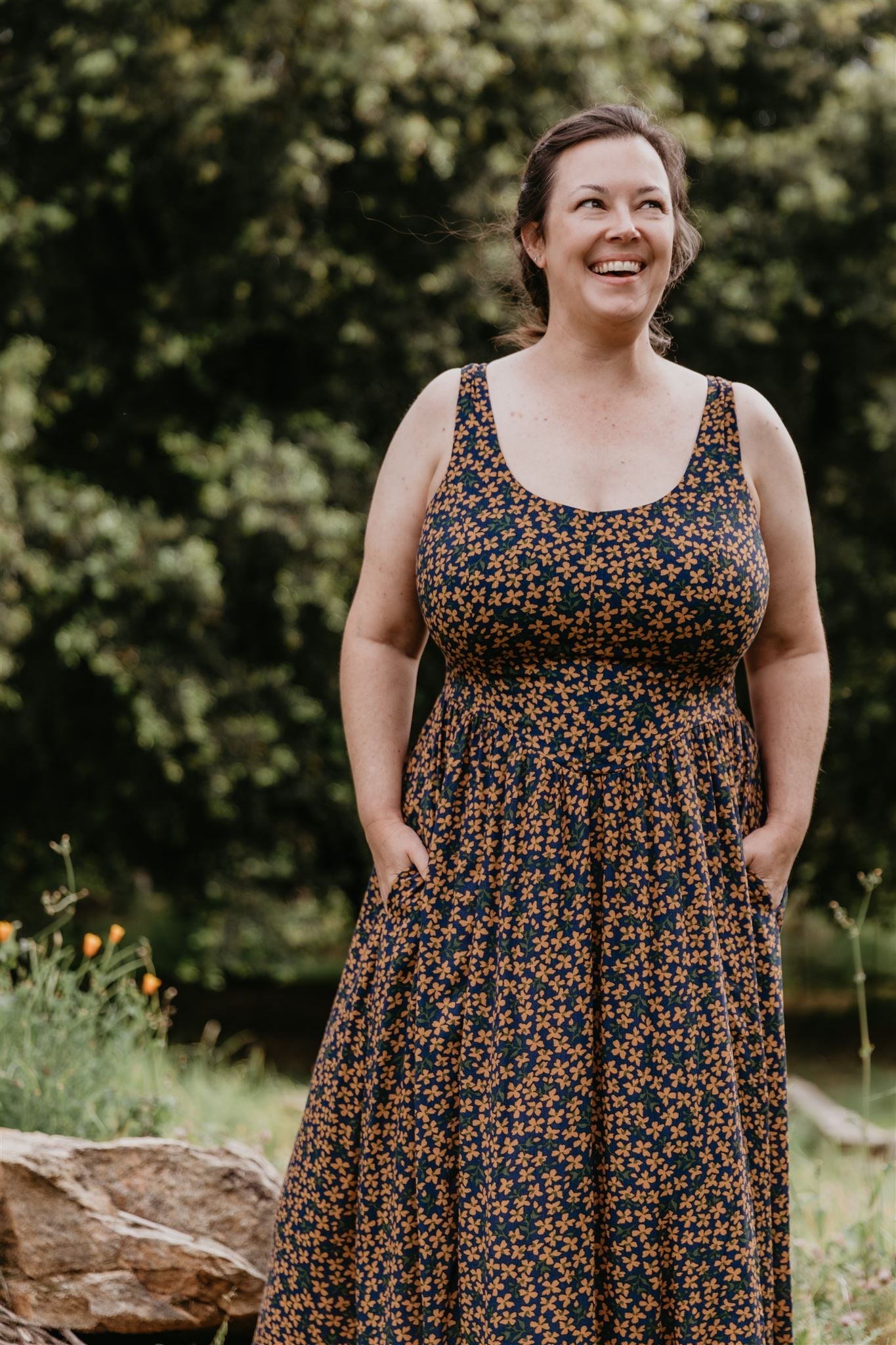 Long Agnes Dress in Blue &amp; Brown Floral Crepe