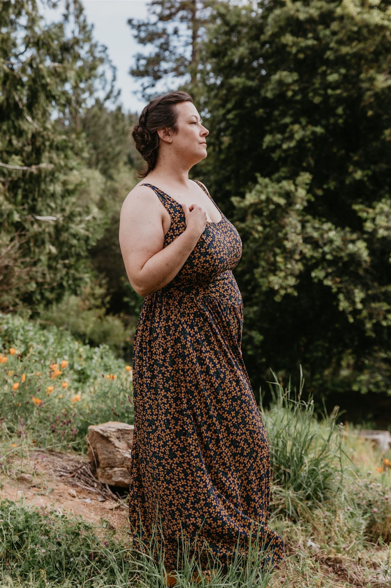 Long Agnes Dress in Blue &amp; Brown Floral Crepe