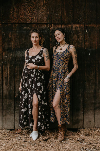 Long Agnes Dress in Blue &amp; Brown Floral Crepe