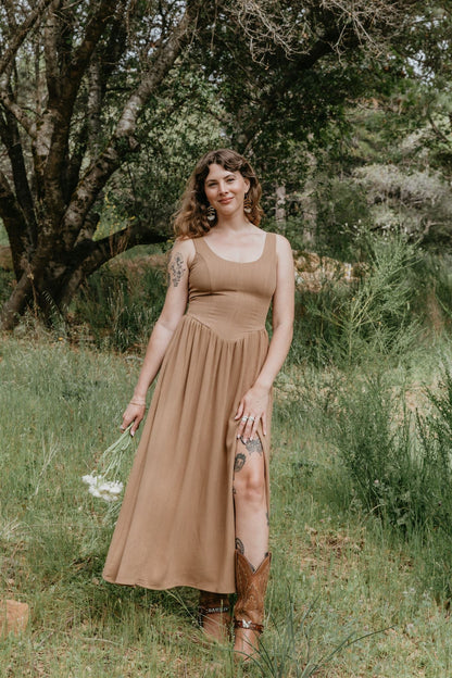 Long Agnes Dress in Camel Irish Linen