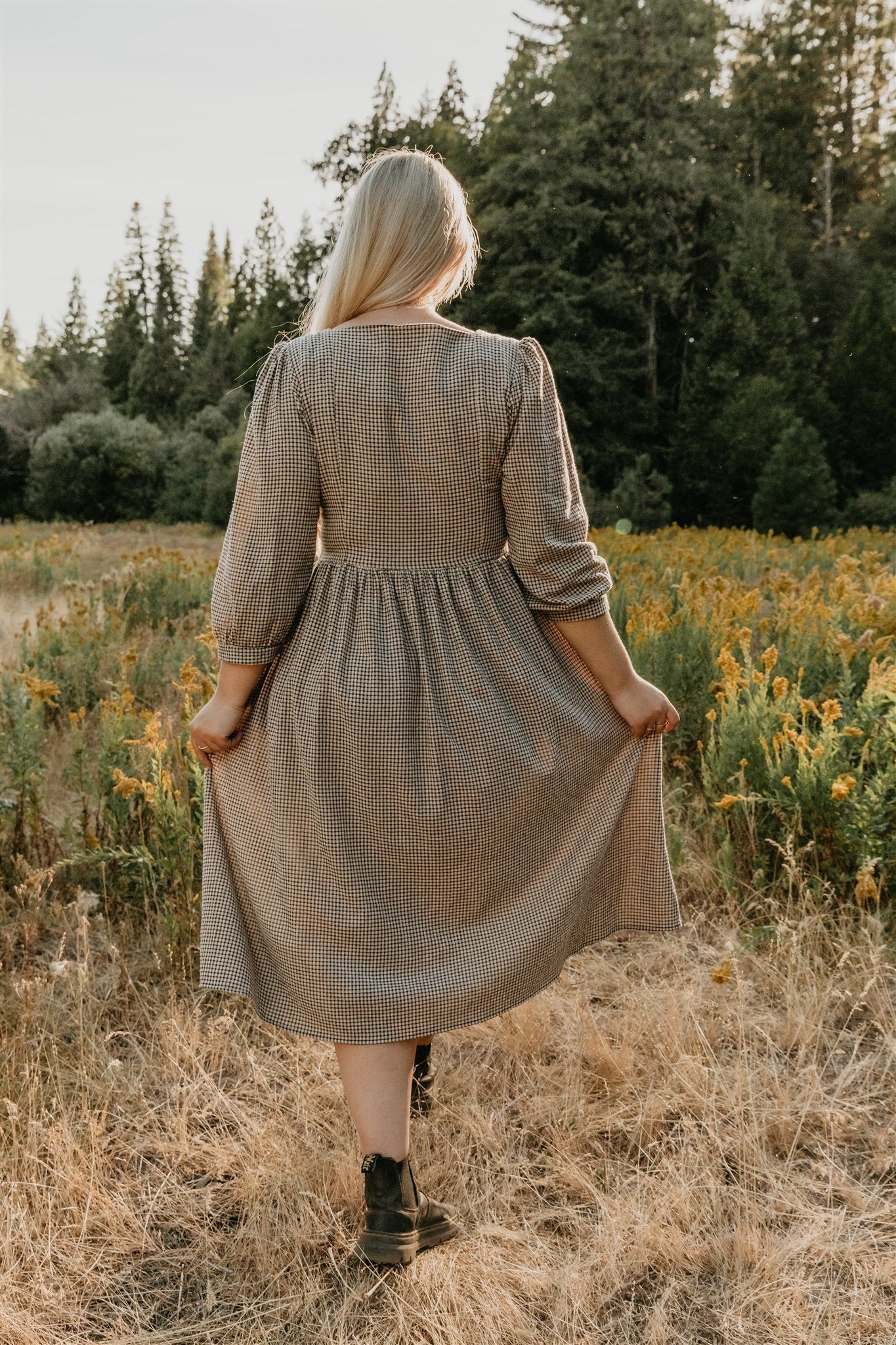 Prairie Dress in Black and Oat Gingham