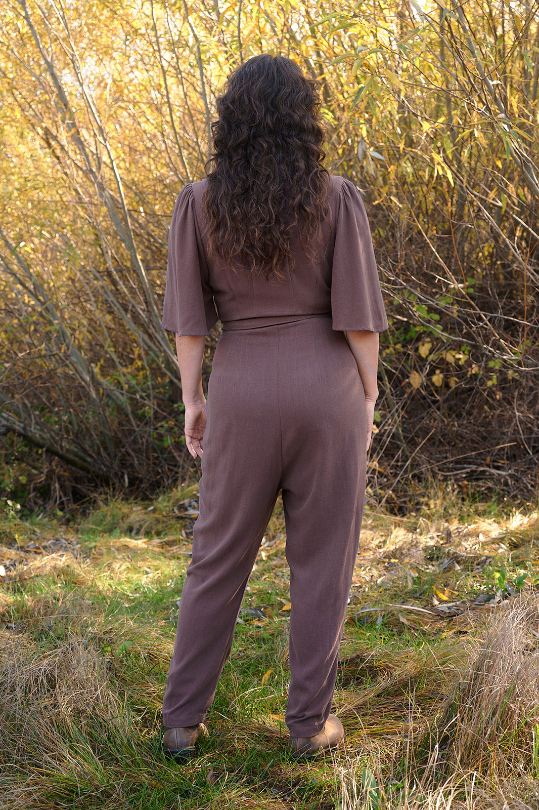 Artemis Fluttersuit in Brown Mauve Linen
