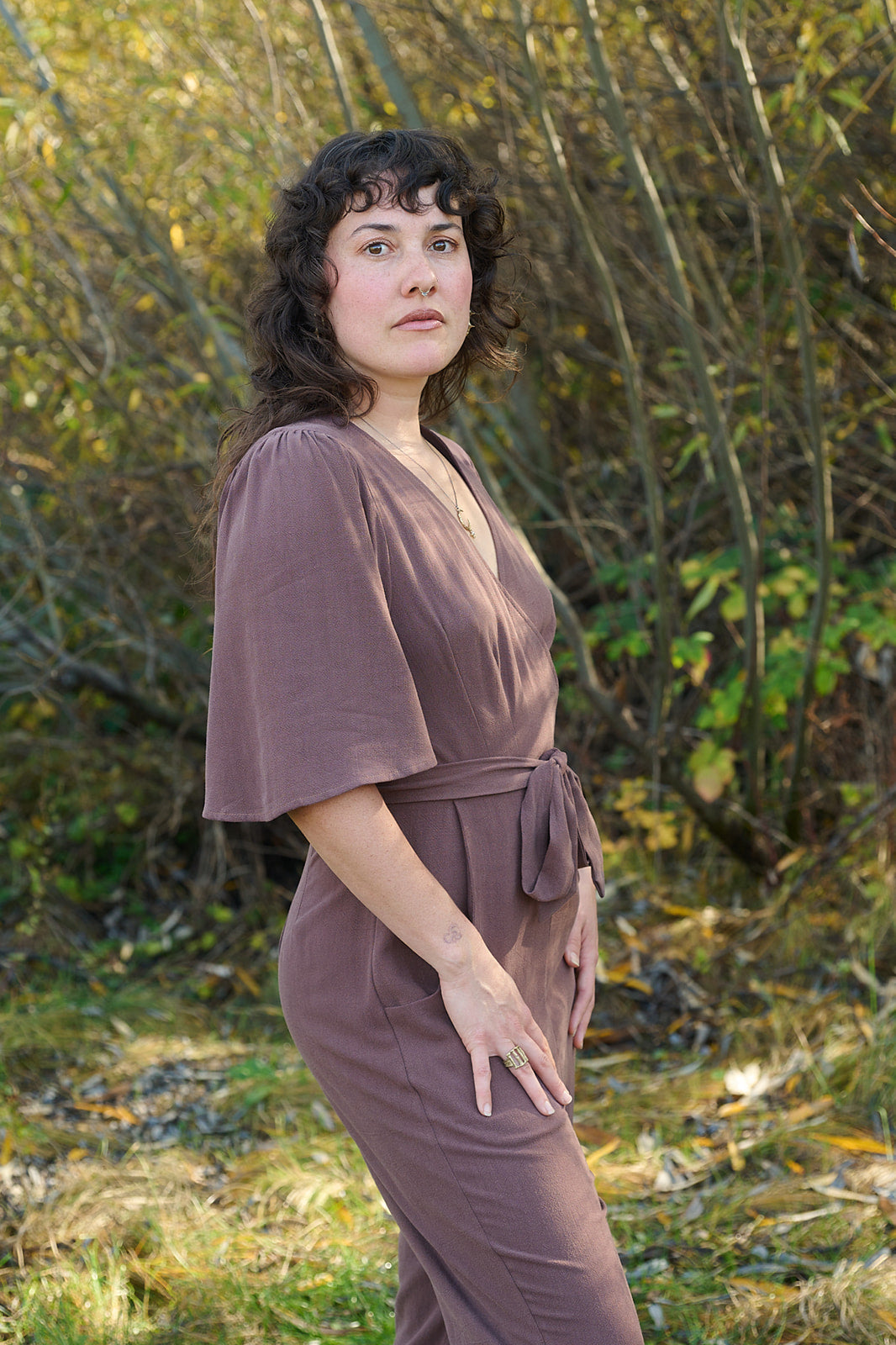 Artemis Fluttersuit in Brown Mauve Linen