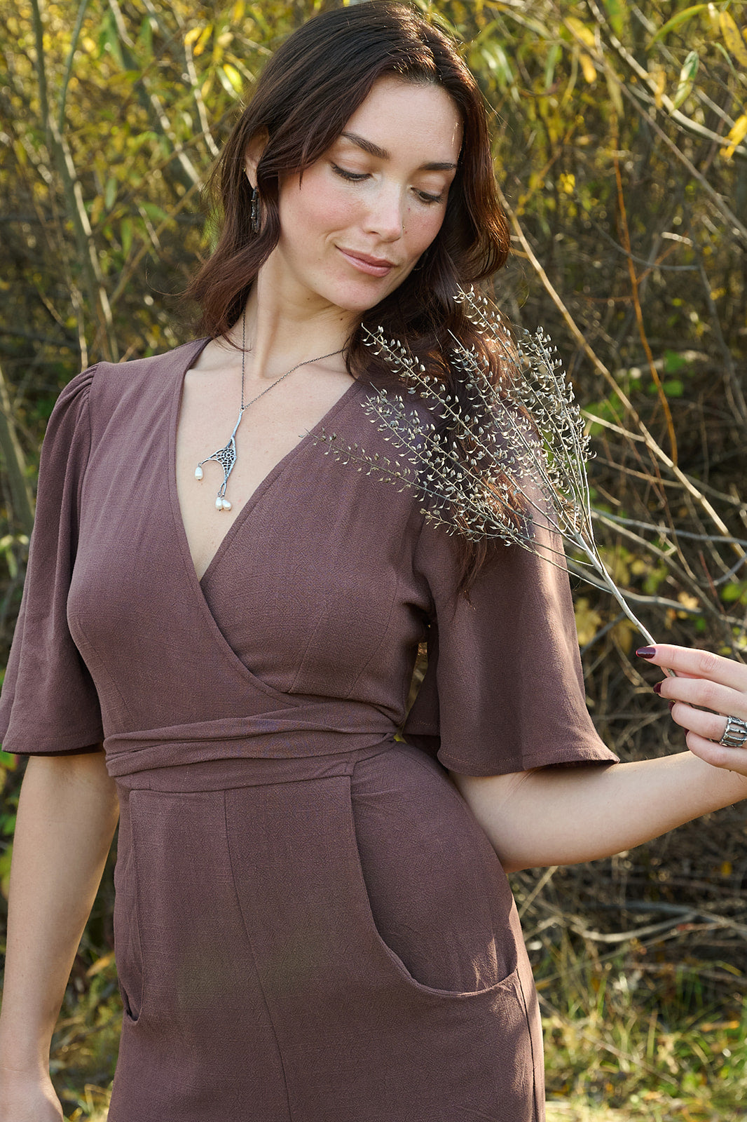 Artemis Fluttersuit in Brown Mauve Linen