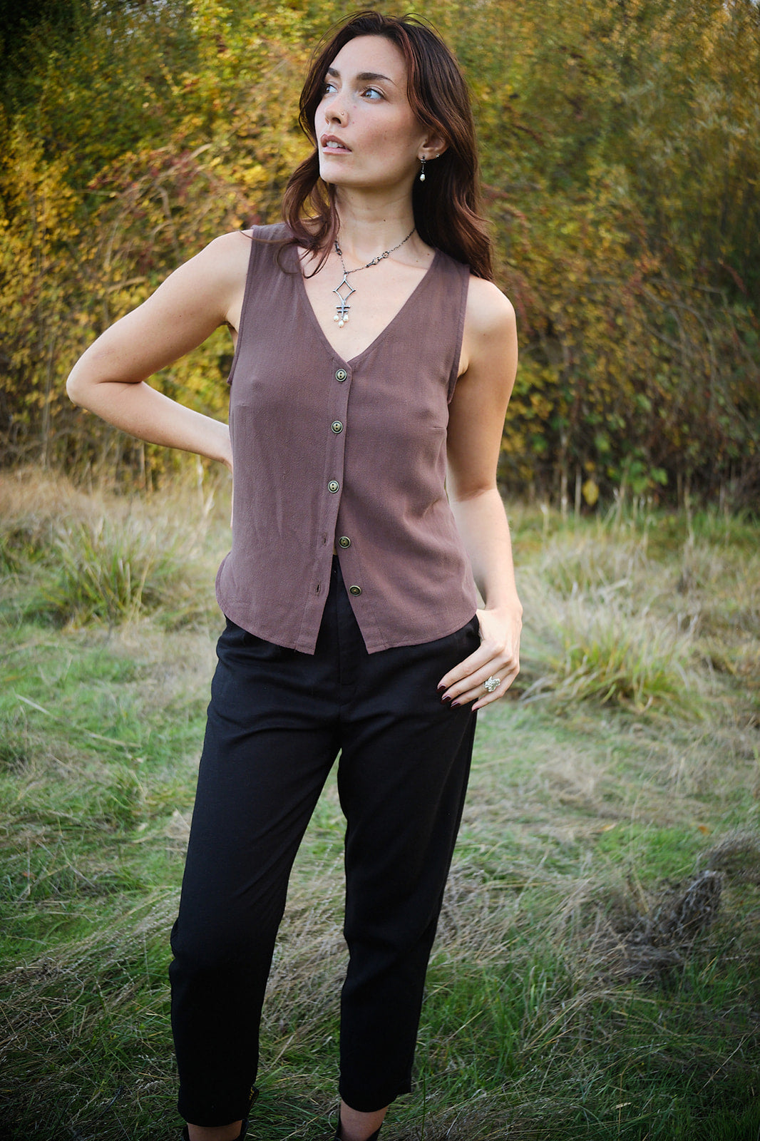 Aviva Top in Brown Mauve Linen