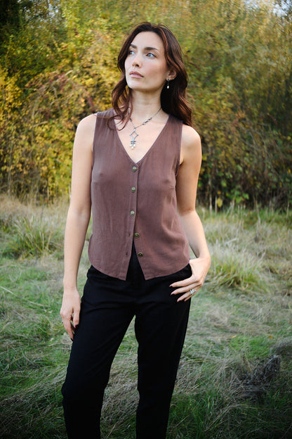 Aviva Top in Brown Mauve Linen