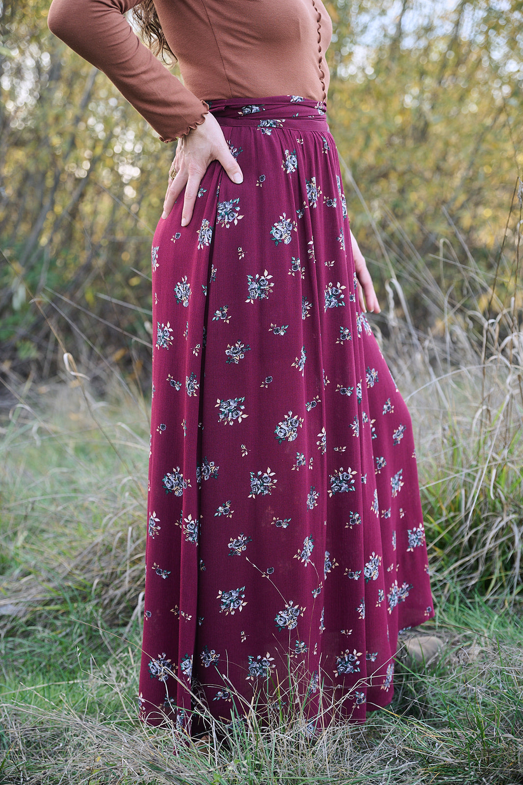 Maxi Wrap Skirt in Merlot Floral Crepe