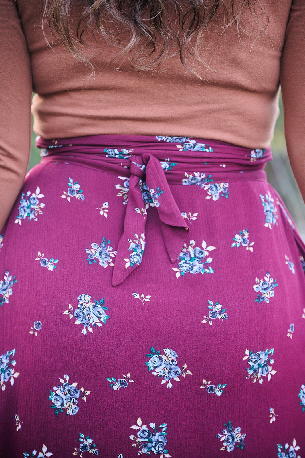 Maxi Wrap Skirt in Merlot Floral Crepe