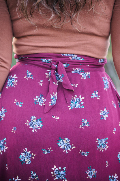 Maxi Wrap Skirt in Merlot Floral Crepe