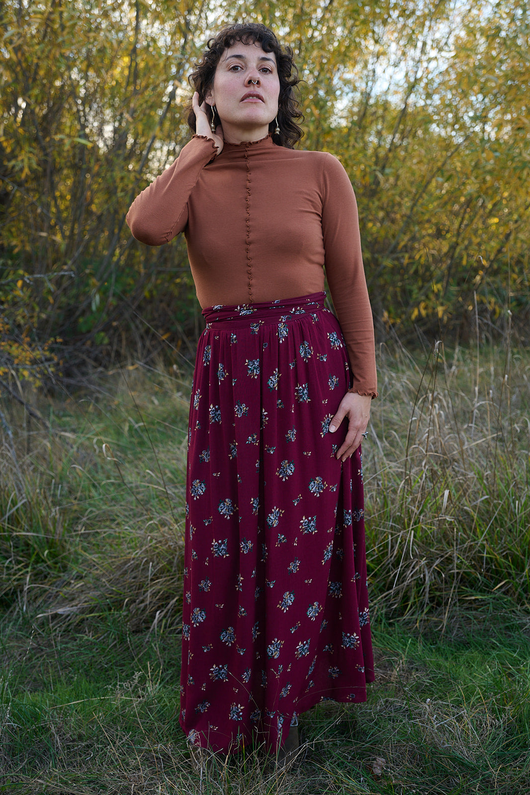 Maxi Wrap Skirt in Merlot Floral Crepe